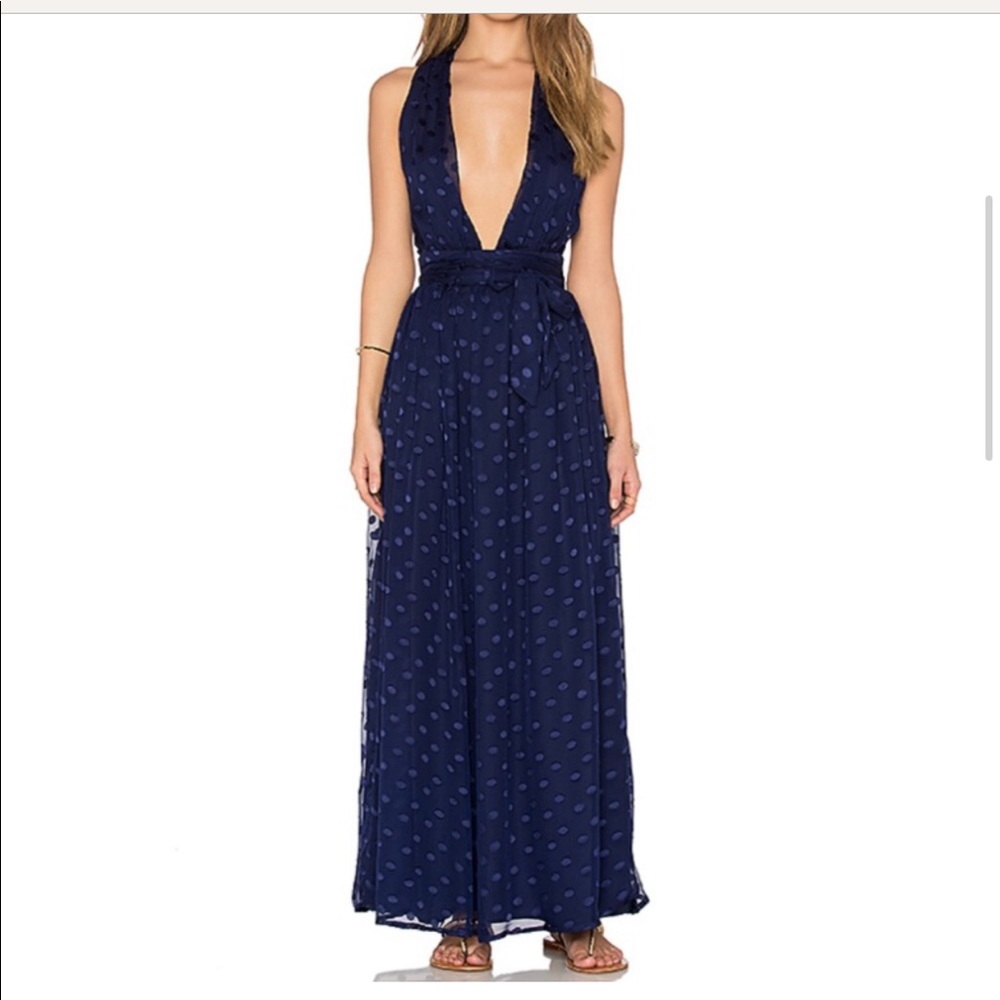 Privacy Please x Revolve Navy Polka Dot Maxi Dress